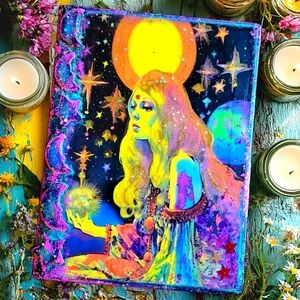 Journal Glowing Goddess Mystical Lined Composition Style Sparkly Mixed Media Art